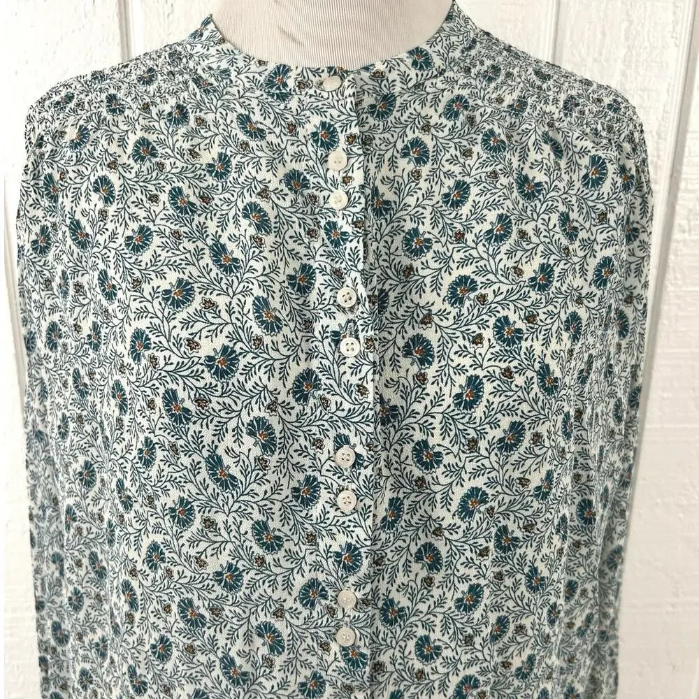 A Loves A Floral Peasant Blouse Medium Blue Boho Smocked Long Sleeve Viscose Top - Picture 4 of 9